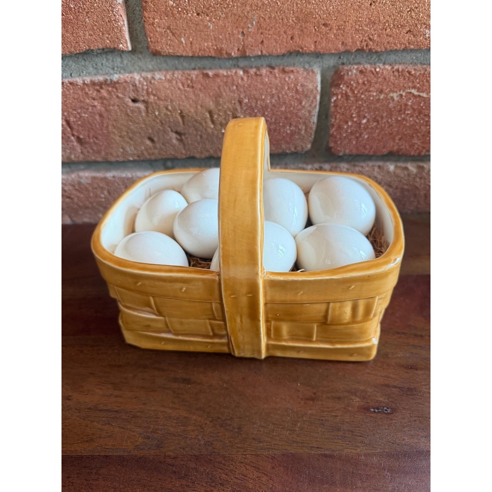 Ceramic Basket and Eggs, Farmhouse Kitchen Decor, Country, Easter Centerpiece